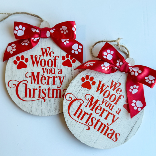 WE WOOF YOU A MERRY CHRISTMAS WOODEN ORNAMENTS